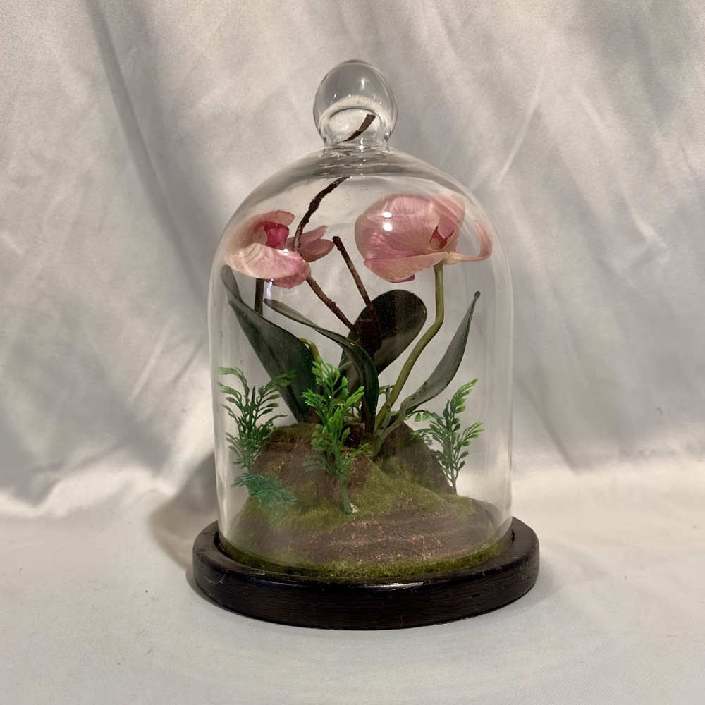Vintage Pink Faux Orchid Terrarium in Glass Bell Jar 11 Inches Tall